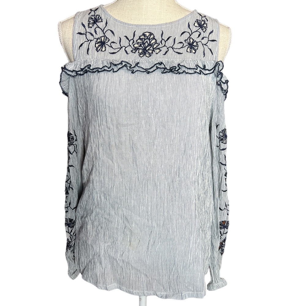 Du Jour Embroidered Edge Floral Long Sleeve Cold Shoulder Blouse- 100% Cotton